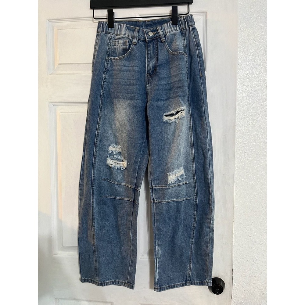 New Collection Women Distressed Wide Leg Jeans Medium Wash High Rise Size S
